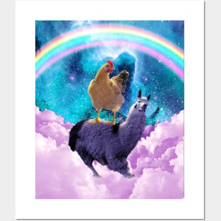 Chicken Riding Llama In Space - Rainbow Posters and Art